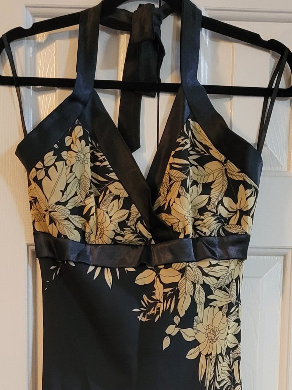 Vintage Reference Black and Gold Floral Halter Dress